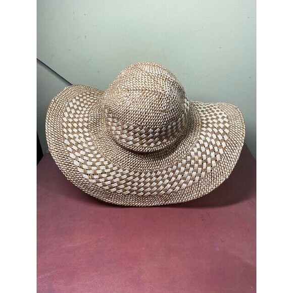 Aerie Womens OSFM Distressed 17" Wide Brim Beige & Ivory Straw Summer Hat Beach - Picture 3 of 10